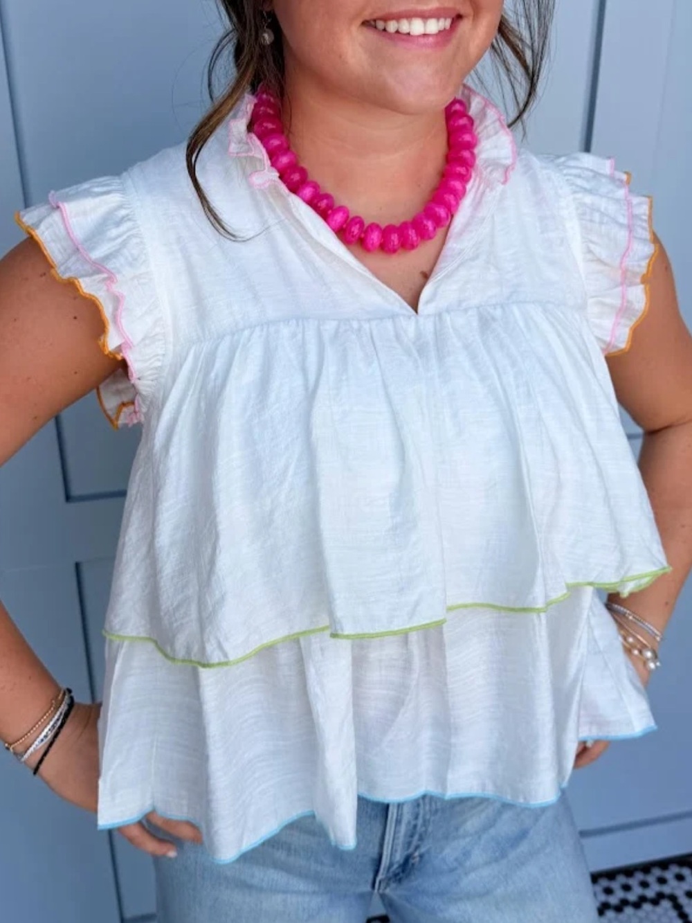 English Factory White Tiered Colorblock Edge Top